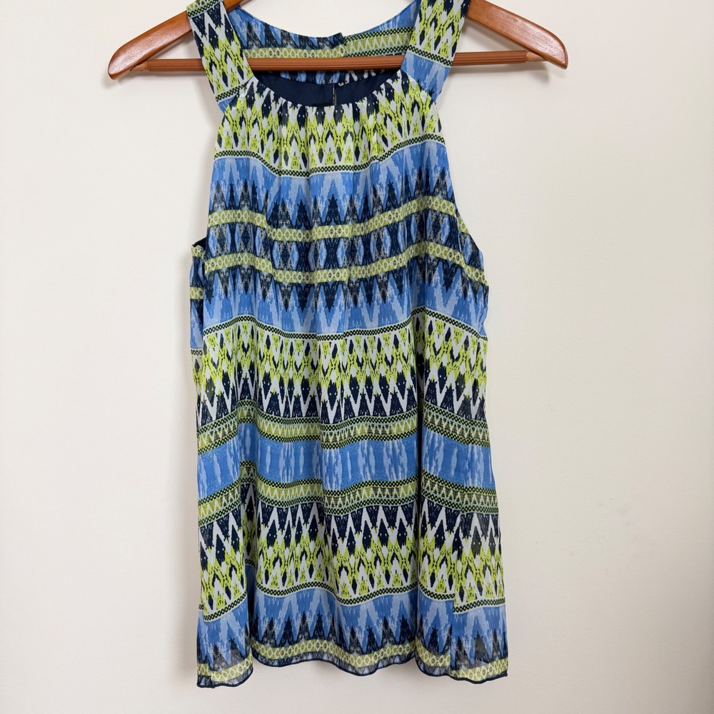 BCX Women Medium Boho Ikat Print Sleeveless Tank Blouse Blue Green Tribal NWT‎